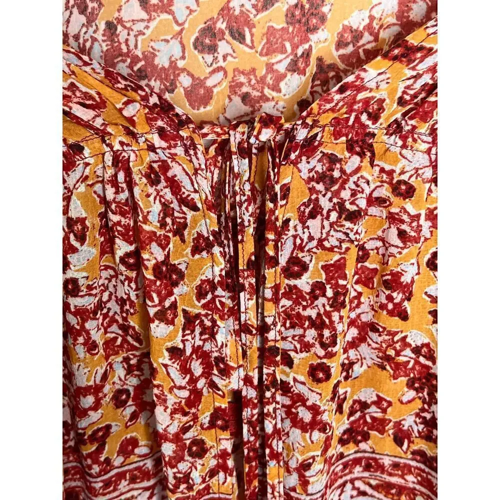 Free People Lorraine Tiered Tie Front Kimono Blouse Top Red/Yellow Womens Size M